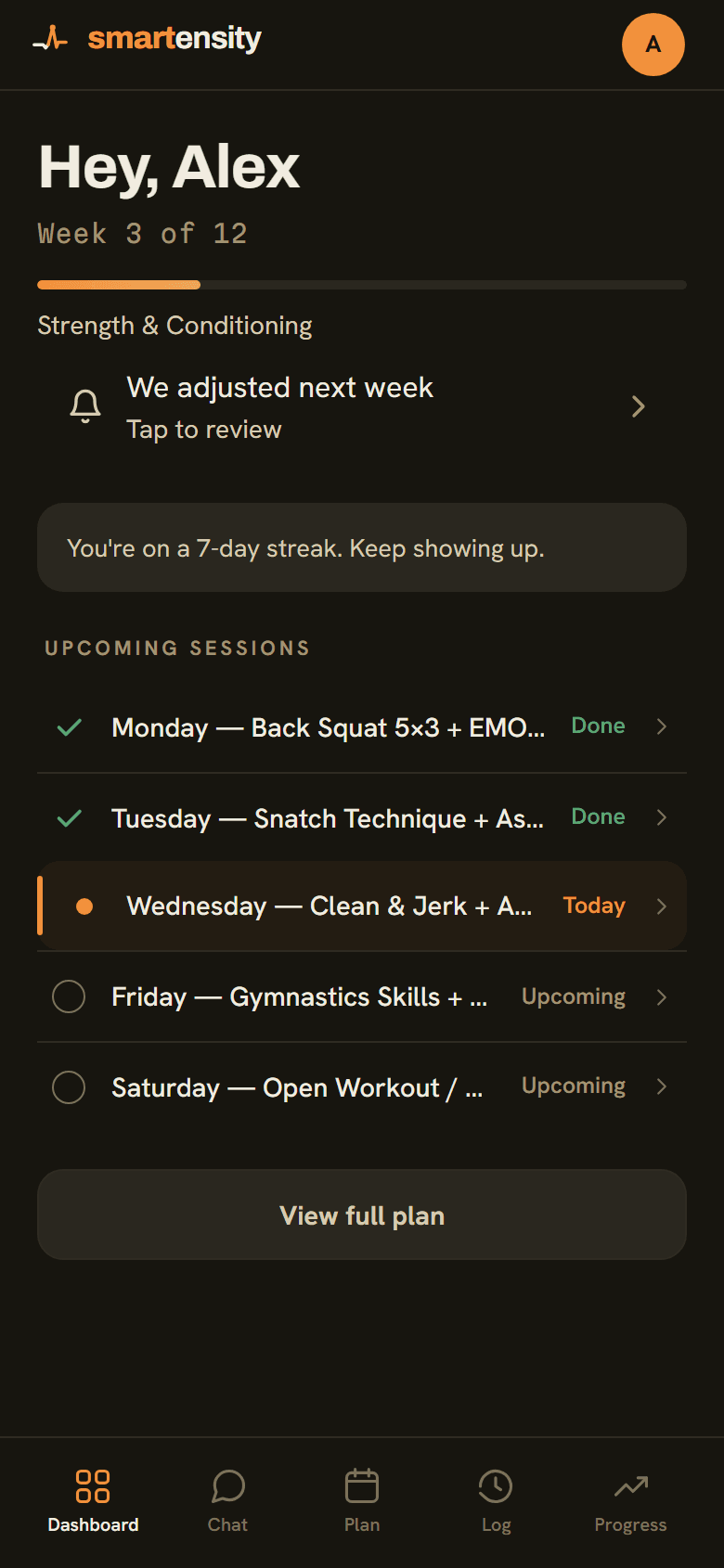 Dashboard showing Week 3 of 12 with upcoming sessions, a 7-day streak, and today's Clean & Jerk workout