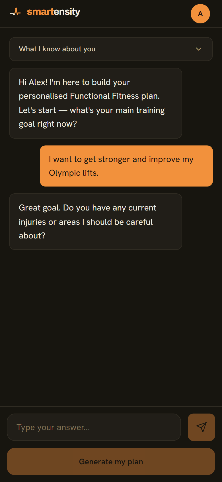 Onboarding chat — the AI coach asking about your training goals and history