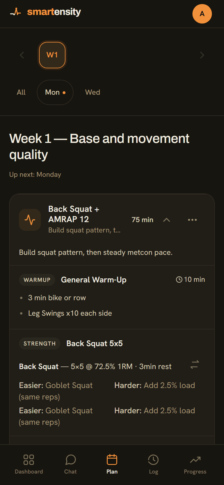 Plan view showing a week rail with session cards, each listing the workout type and estimated duration